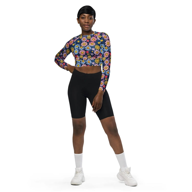 Recycled long-sleeve crop top, sexy crotchet sporty casual jean shorts everyday all activity stylish floral design crop top great for gift