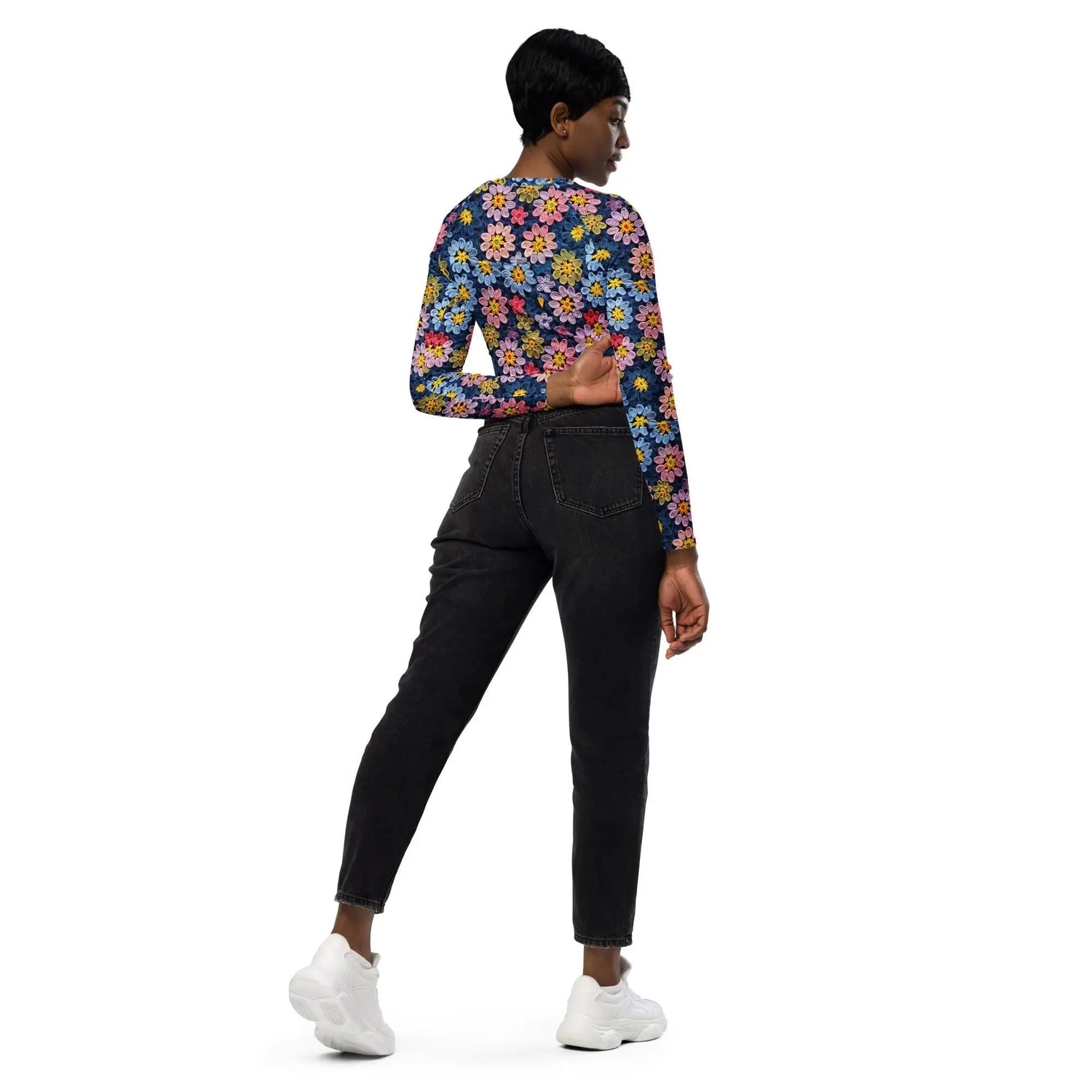 Recycled long-sleeve crop top, sexy crotchet sporty casual jean shorts everyday all activity stylish floral design crop top great for gift