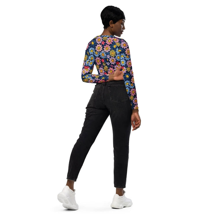 Recycled long-sleeve crop top, sexy crotchet sporty casual jean shorts everyday all activity stylish floral design crop top great for gift