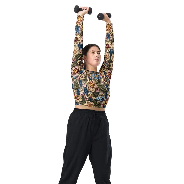 Recycled long-sleeve crop top, floral stylish crotchet design sporty cute verstaile leisure sport travel great gift all occassion crop top