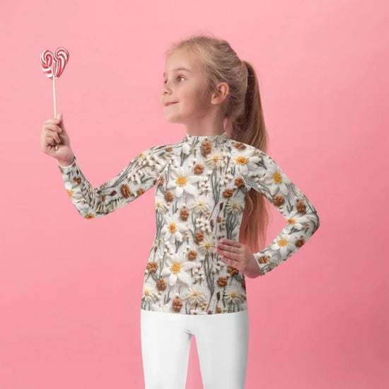 Kids Rash Guard, Crotchet floral pattern fitted kid child girl casual playground classroom everyday wear stylish long sleeve spandex shirt The Aurora Touch