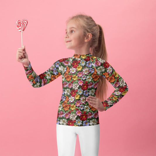 Kids Rash Guard, Floral crotchect colorful soft pattern litle girl spandex polyester fitted everyday school playground classroom clothing
