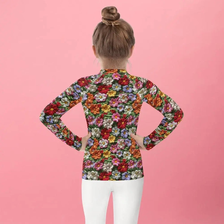 Kids Rash Guard, Floral crotchect colorful soft pattern litle girl spandex polyester fitted everyday school playground classroom clothing The Aurora Touch