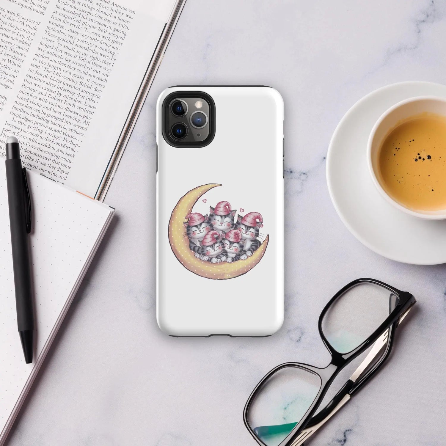 Tough Case for iPhone®, Sleepy kitties on moon cute stylish fashionista strong sturdy simple protective everyday phone case cover