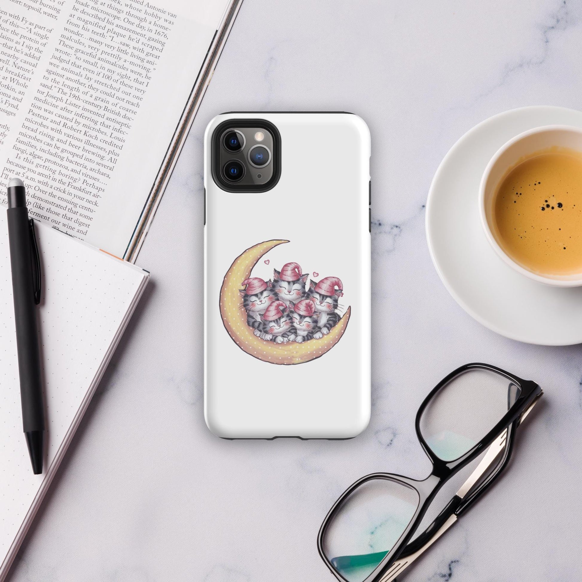 Tough Case for iPhone®, Sleepy kitties on moon cute stylish fashionista strong sturdy simple protective everyday phone case cover