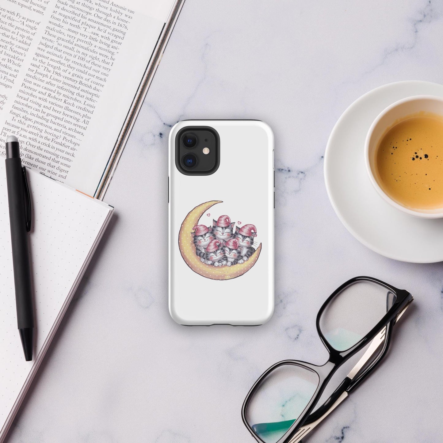 Tough Case for iPhone®, Sleepy kitties on moon cute stylish fashionista strong sturdy simple protective everyday phone case cover