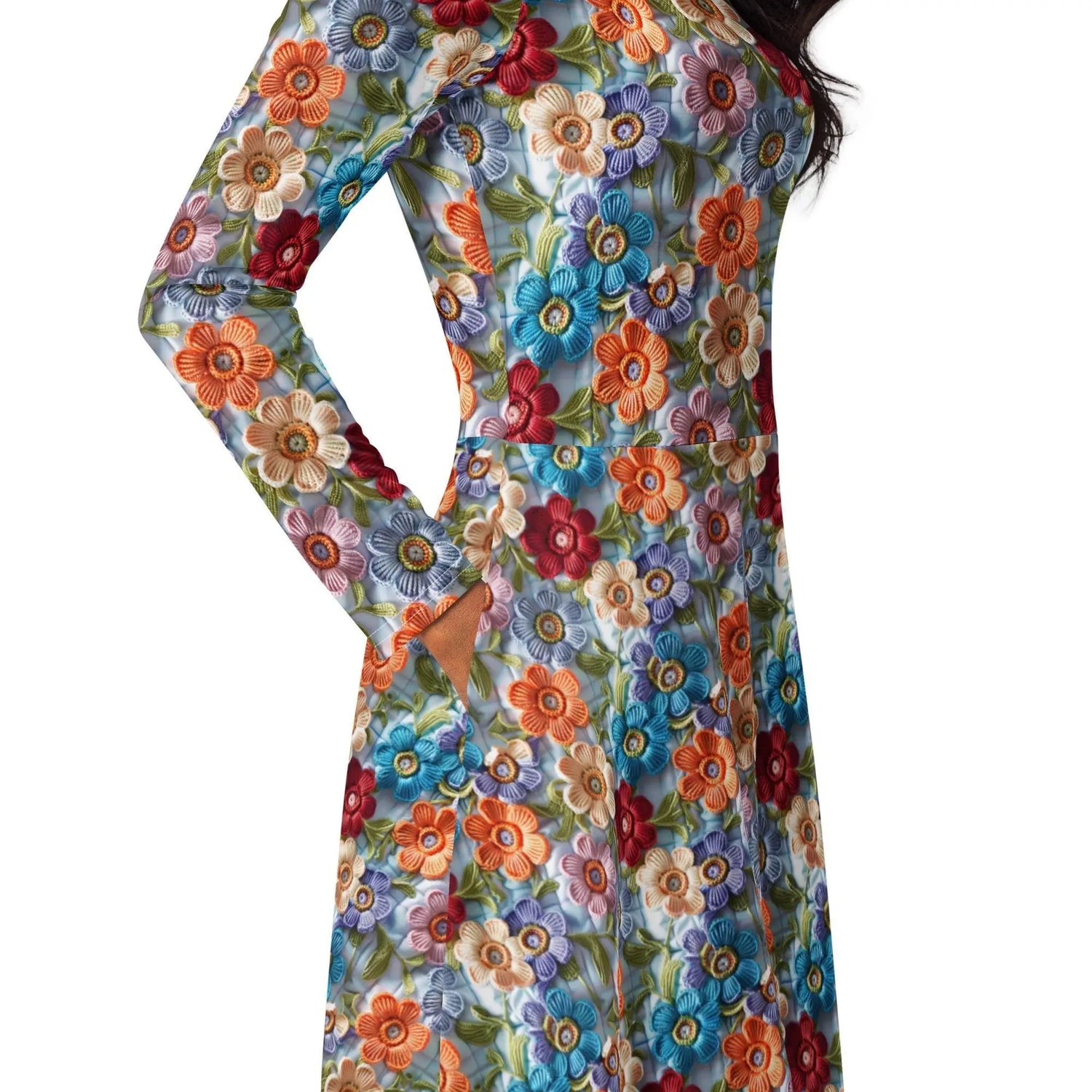 All-over print long sleeve midi dress, school work party fashion style floral crotchet allover pretty pattern design clothing attire The Aurora Touch