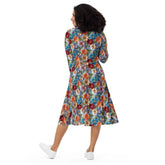 All-over print long sleeve midi dress, school work party fashion style floral crotchet allover pretty pattern design clothing attire