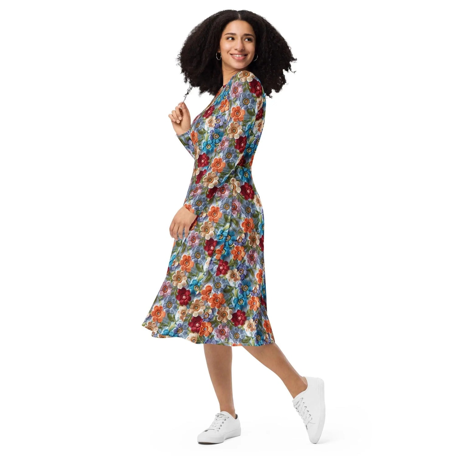 All-over print long sleeve midi dress, school work party fashion style floral crotchet allover pretty pattern design clothing attire