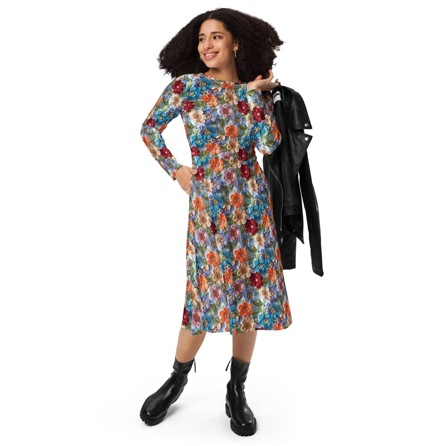 All-over print long sleeve midi dress, school work party fashion style floral crotchet allover pretty pattern design clothing attire