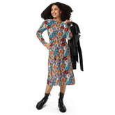 All-over print long sleeve midi dress, school work party fashion style floral crotchet allover pretty pattern design clothing attire The Aurora Touch
