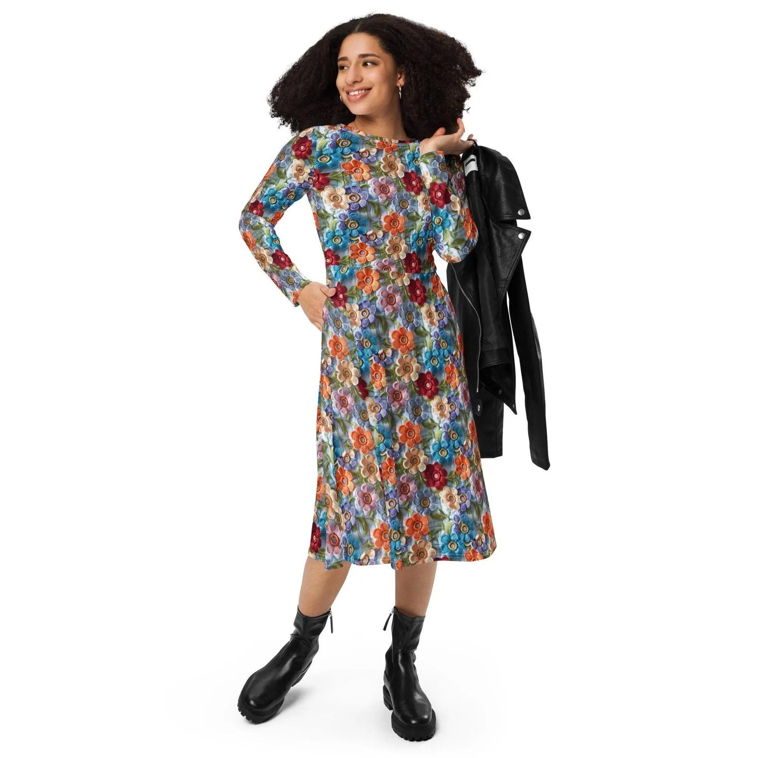 All-over print long sleeve midi dress, school work party fashion style floral crotchet allover pretty pattern design clothing attire