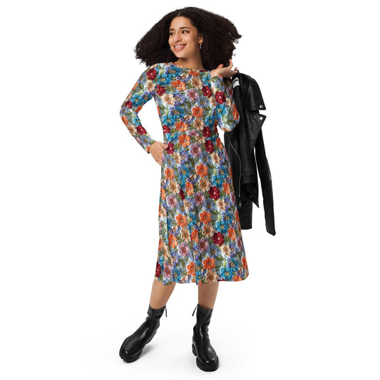 All-over print long sleeve midi dress, school work party fashion style floral crotchet allover pretty pattern design clothing attire