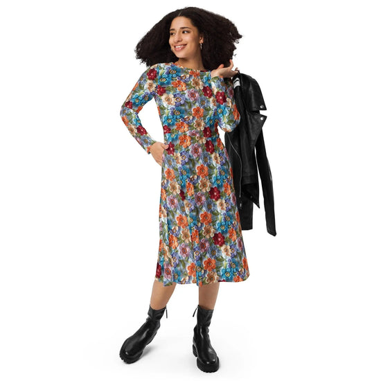 All-over print long sleeve midi dress, school work party fashion style floral crotchet allover pretty pattern design clothing attire