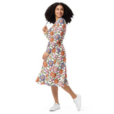 All-over print long sleeve midi dress, pretty colorful crotchet all over classy casual traditional pattern design all occasion clothing wear