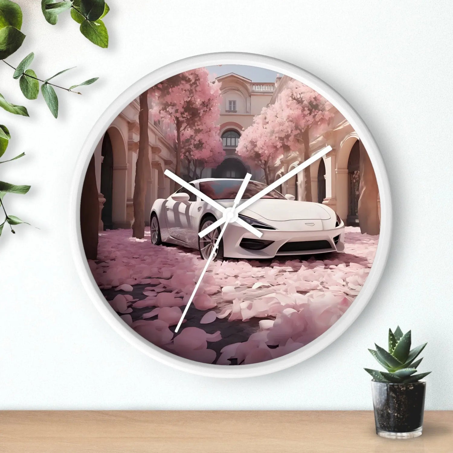 Wall Clock, White Lamborghini modern day exotic car portrait home room soft pink rose petal wall art decor designer Gift The Aurora Touch