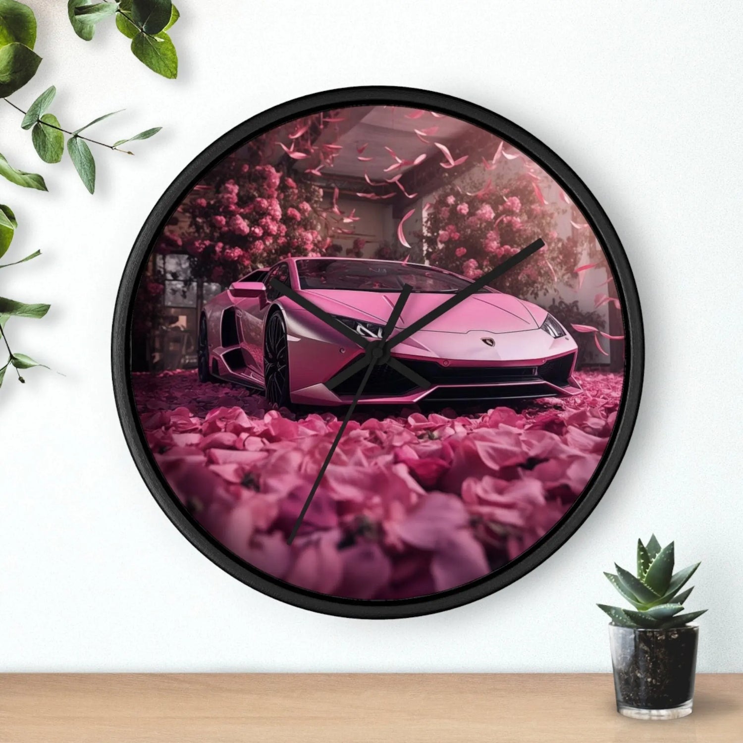 Wall Clock, Pink Lamborghini portrait dorm home room wall art pink rose petals sweet 16 quinceañera Bday gift for luxury exotic car lover The Aurora Touch