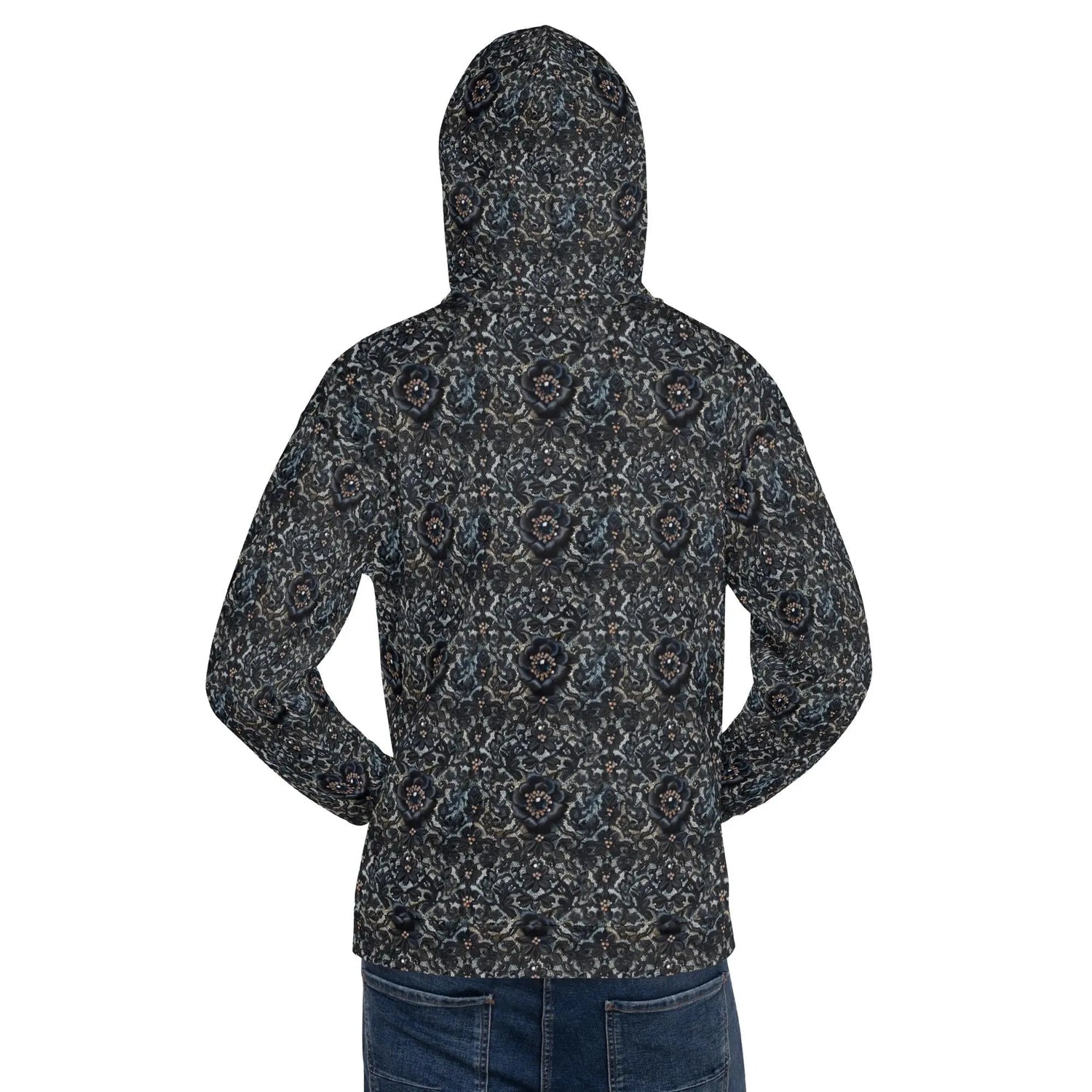 Female black floral lace all over pattern comfy casual soft school work travel jeans winter holiday hoodie sweatshirt great gift