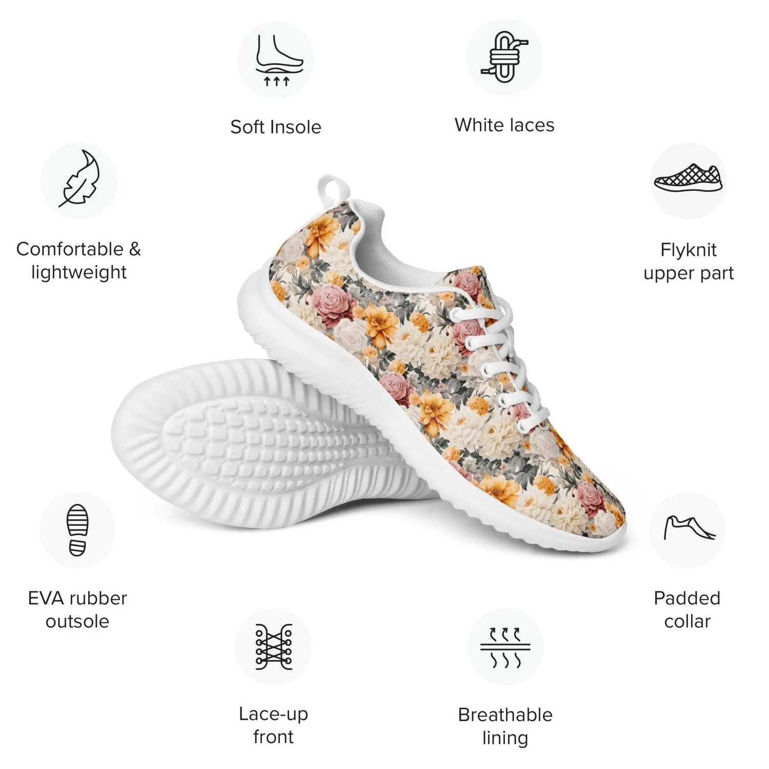Women’s bright pretty floral pattern casual stylish fashionista athletic shoe great for walking shopping and gifting