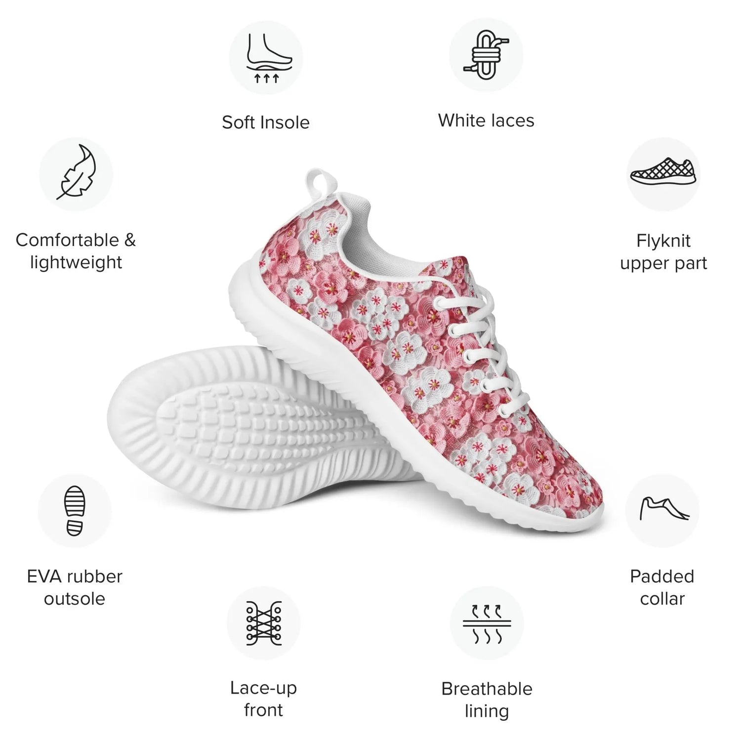 Women’s athletic shoes, Pink floral all over pattern design walking shopping travel gym casual attire everyday dress sportie tennis sneakers
