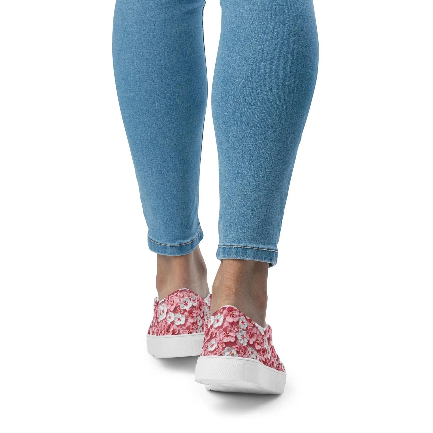 Women’s slip-on canvas shoes, Pink floral pattern pretty all day wear casual office work walking slip on stylish female sneaker shoes