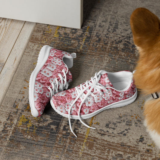 Women’s athletic shoes, Pink floral all over pattern design walking shopping travel gym casual attire everyday dress sportie tennis sneakers