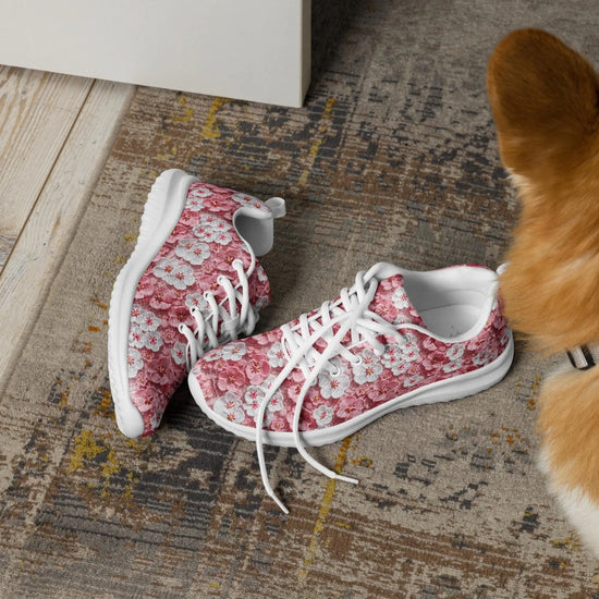 Women’s athletic shoes, Pink floral all over pattern design walking shopping travel gym casual attire everyday dress sportie tennis sneakers