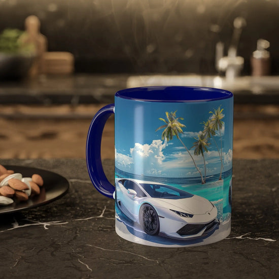 Colorful Mugs, 11oz, White Lamborghini on the beach luxury exotic car coffee beverage kitchen cup decor The Aurora Touch