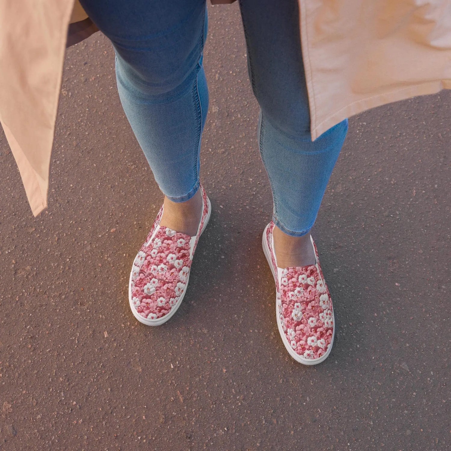 Women’s slip-on canvas shoes, Pink floral pattern pretty all day wear casual office work walking slip on stylish female sneaker shoes