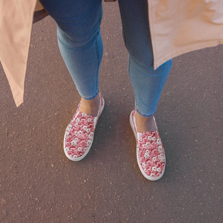 Women’s slip-on canvas shoes, Pink floral pattern pretty all day wear casual office work walking slip on stylish female sneaker shoes