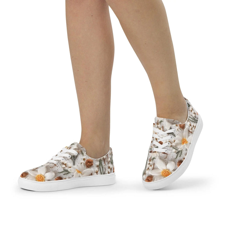 Women’s lace-up canvas shoes, Floral crotchet sweater style all over pattern fashionable casual jeans shorts dress soft fabric tennis shoes