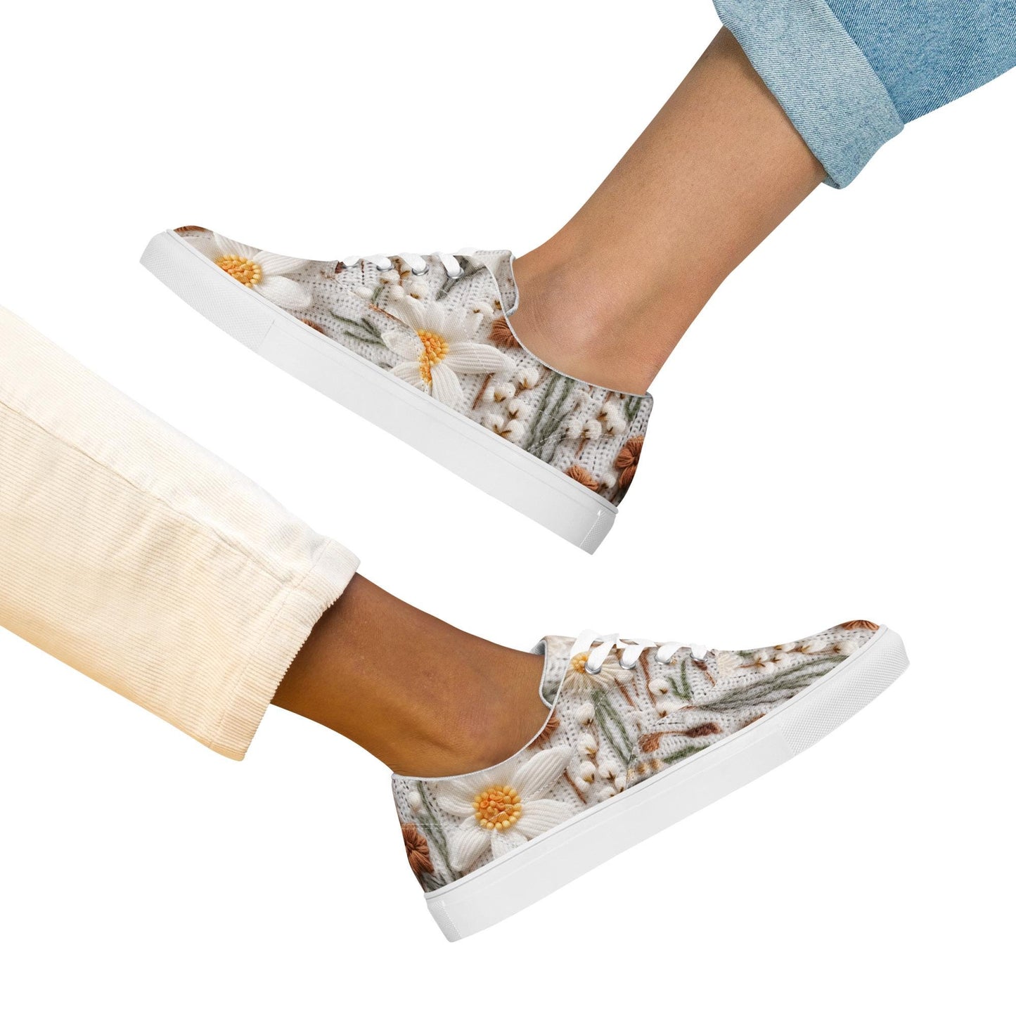 Women’s lace-up canvas shoes, Floral crotchet sweater style all over pattern fashionable casual jeans shorts dress soft fabric tennis shoes