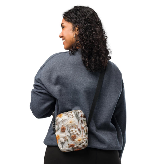 Utility crossbody bag 3D crochet style floral print design durable water resistant durable everyday minimilist school office purse