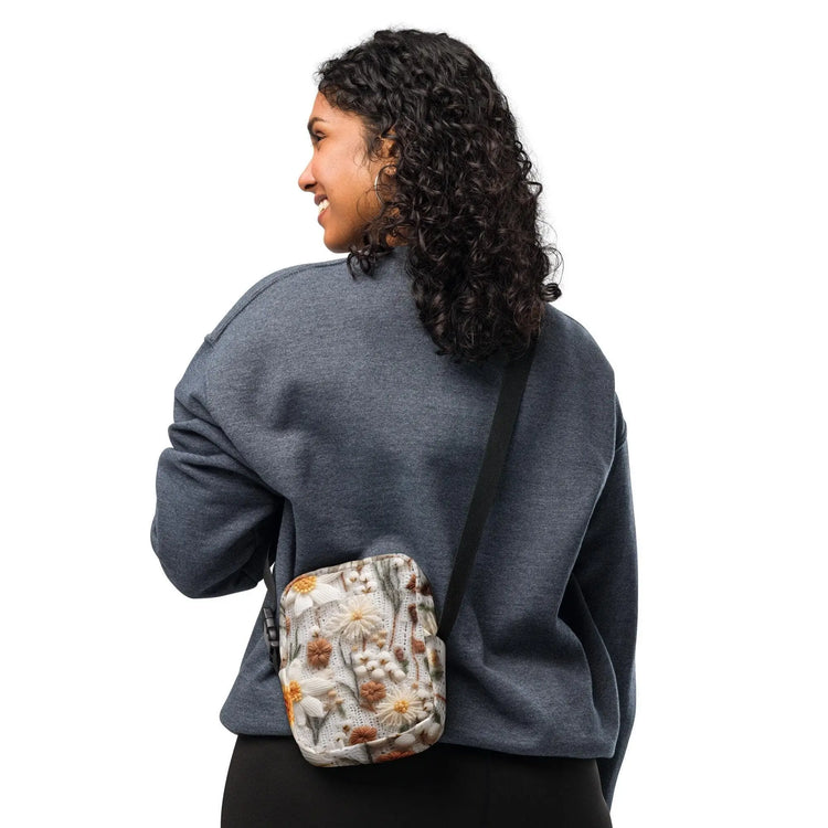 Utility crossbody bag 3D crochet style floral print design durable water resistant durable everyday minimilist school office purse The Aurora Touch
