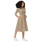 All-over print long sleeve midi dress, sophisticated tribal all over print pattern design casual date entrepreneur style clothing wear The Aurora Touch