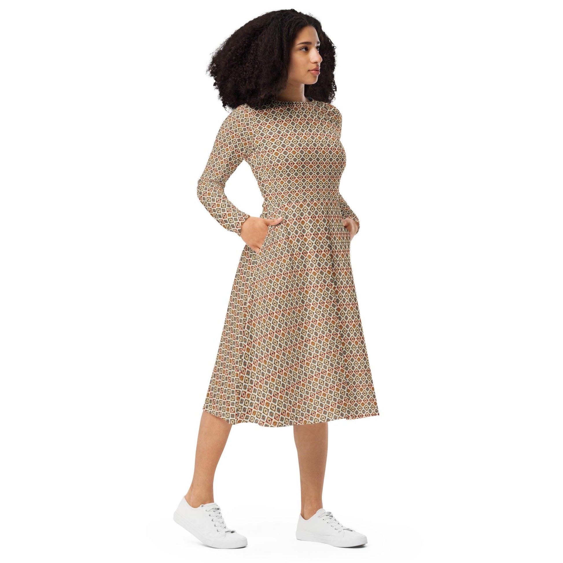 All-over print long sleeve midi dress, tribal all over print pattern design casual date entrepreneur female clothing wear mid length dress