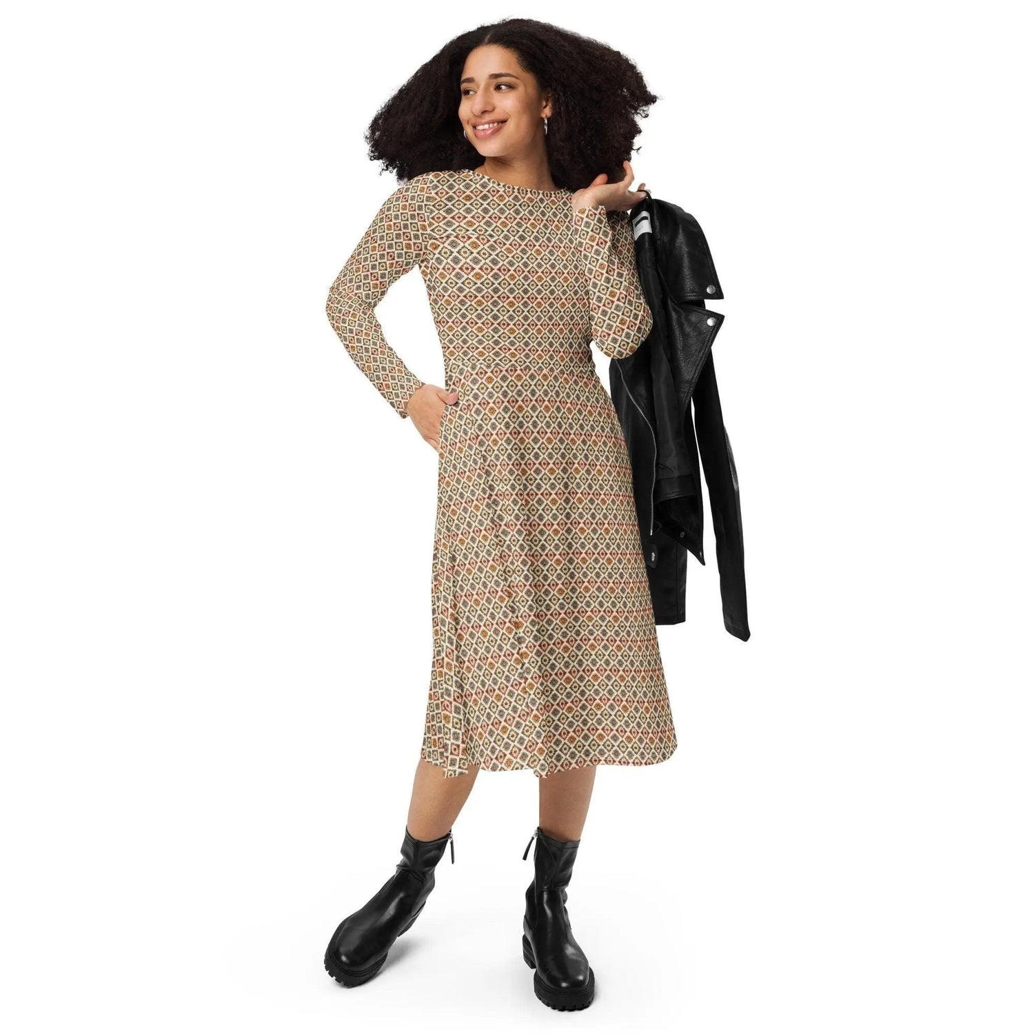 All-over print long sleeve midi dress, sophisticated tribal all over print pattern design casual date entrepreneur style clothing wear The Aurora Touch