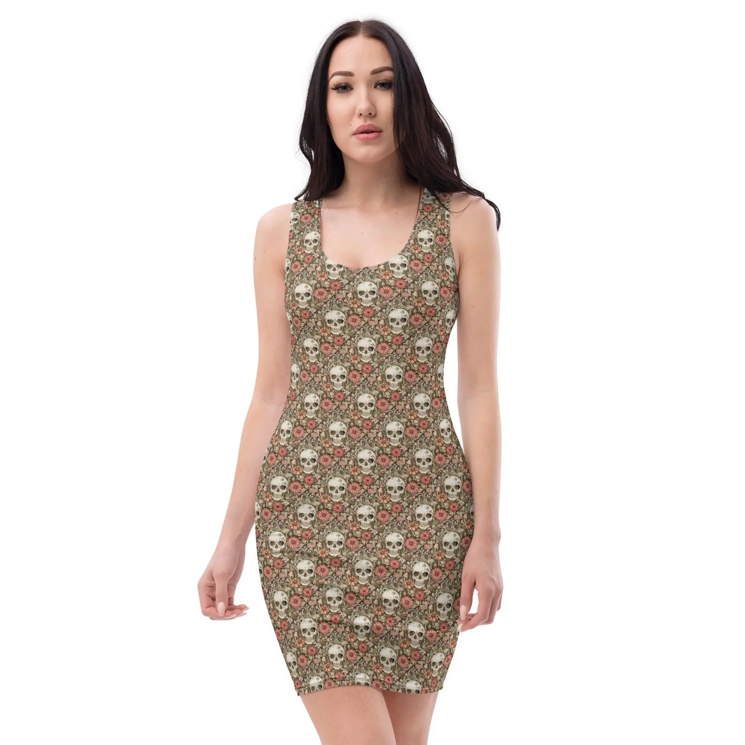 Bodycon dress, Sugar skull floral print all over design body fitted cute dinner night blazer sleeveless sexy stylish female above knee dress