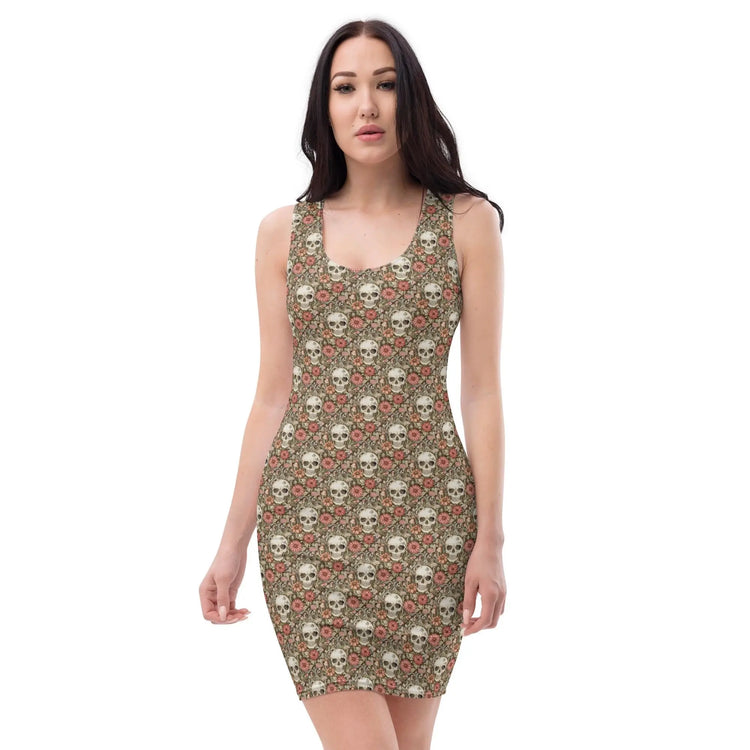 Bodycon dress, Sugar skull floral print all over design body fitted cute dinner night blazer sleeveless sexy stylish female above knee dress