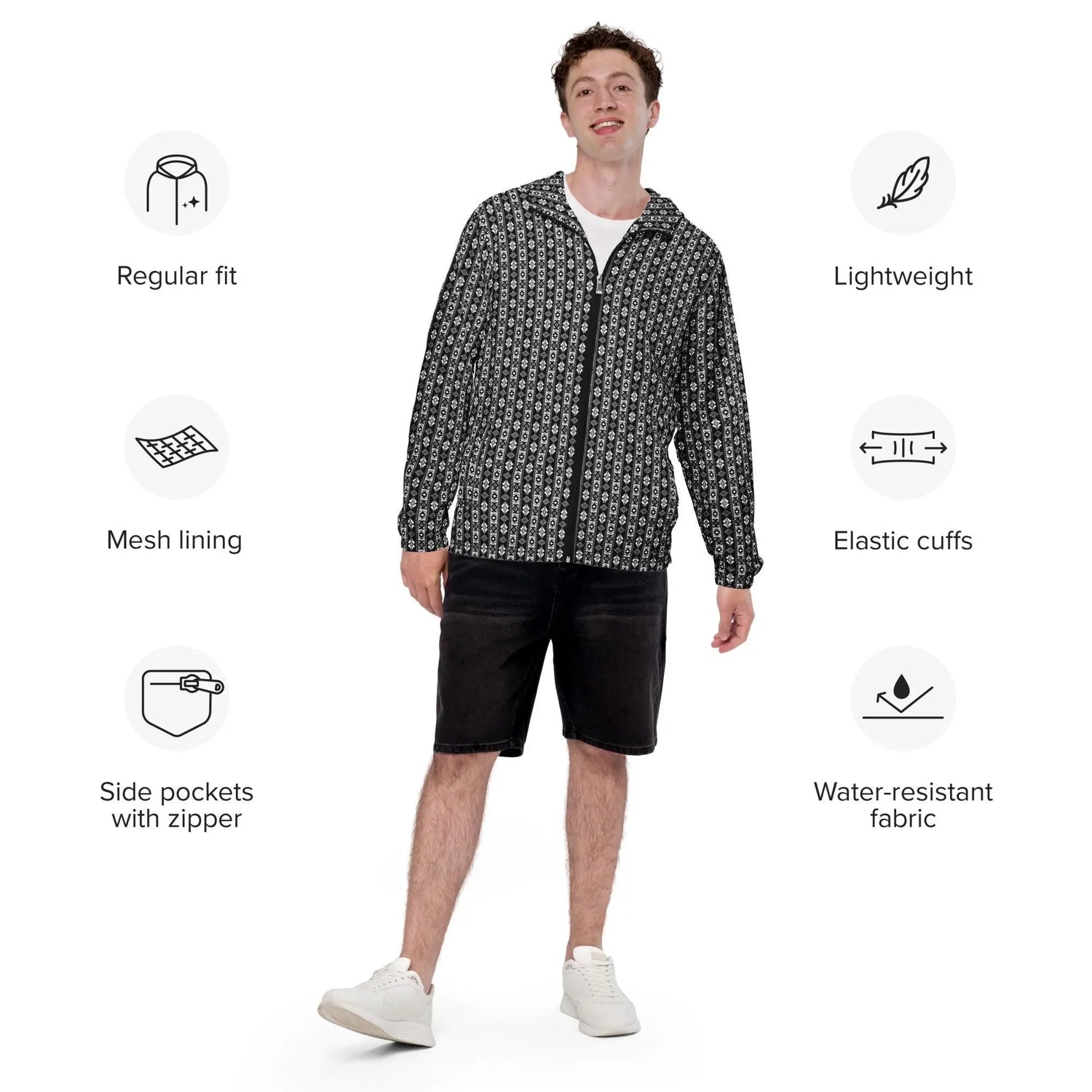 Men’s windbreaker, Male all over Native pattern print design stylish casual classy winter summer fall water resistant  light fabric jacket