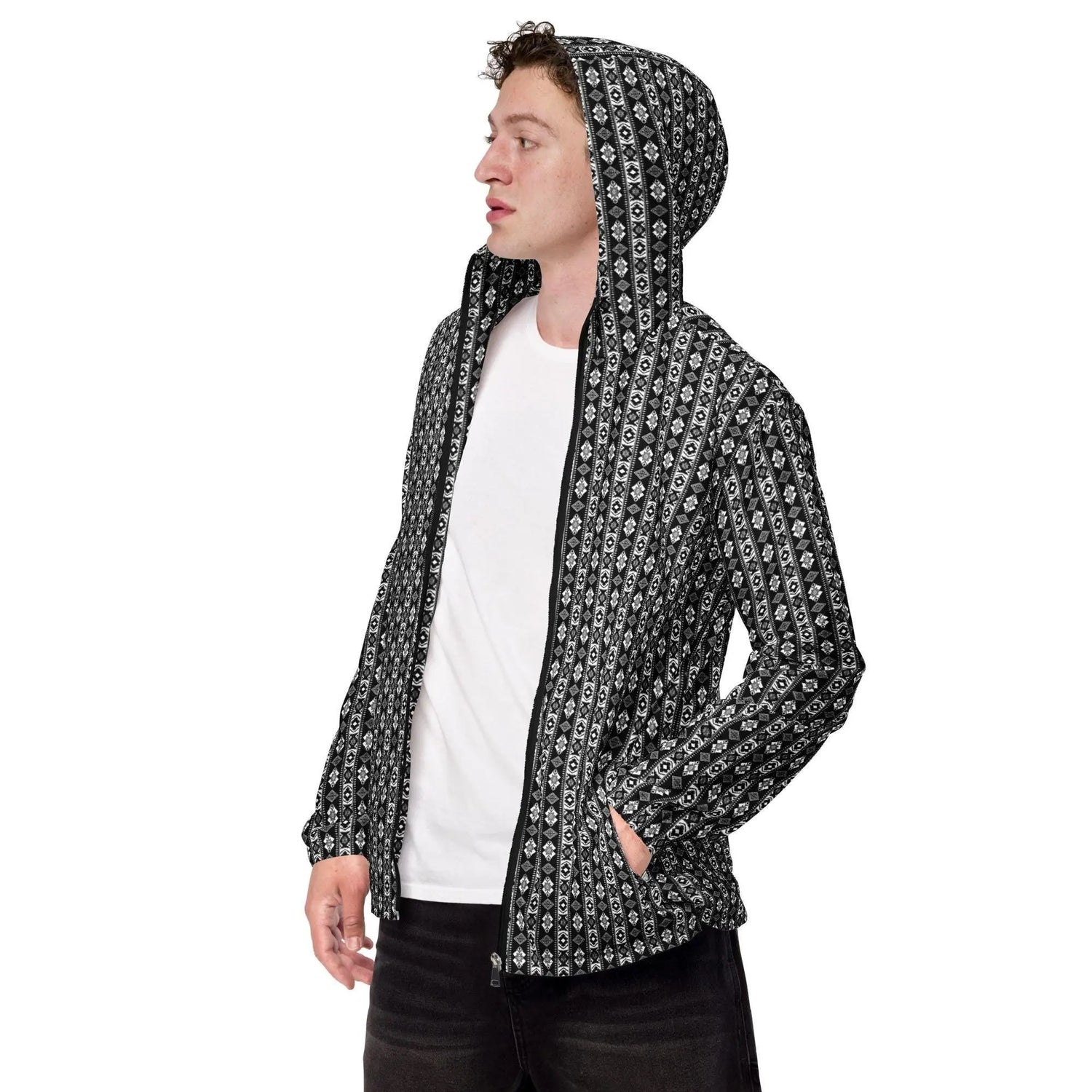Men’s windbreaker, Male all over Native pattern print design stylish casual classy winter summer fall water resistant  light fabric jacket The Aurora Touch