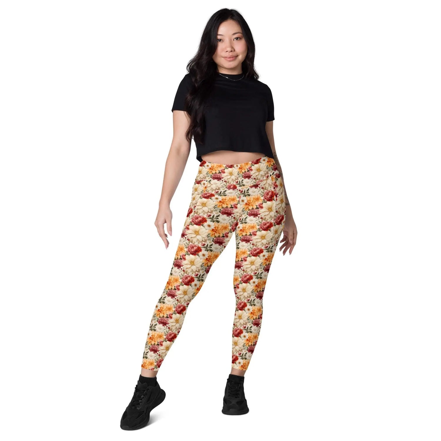 Leggings with pockets, Floral all over print pretty pattern design yoga workout walking all activity casual dress up clothing fitting pants