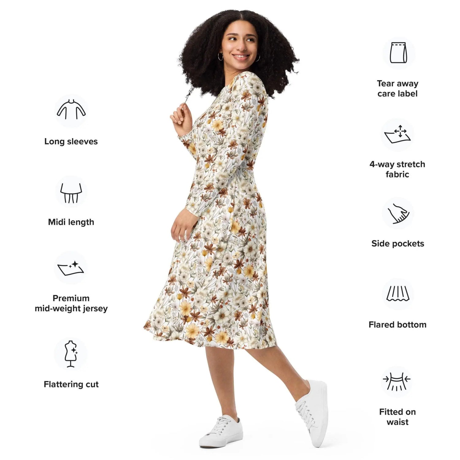 All-over print long sleeve midi dress, Floral autumn fall print pattern design casual fancy office dinner party female clothing wear outfit The Aurora Touch