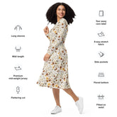 All-over print long sleeve midi dress, Floral autumn fall print pattern design casual fancy office dinner party female clothing wear outfit The Aurora Touch