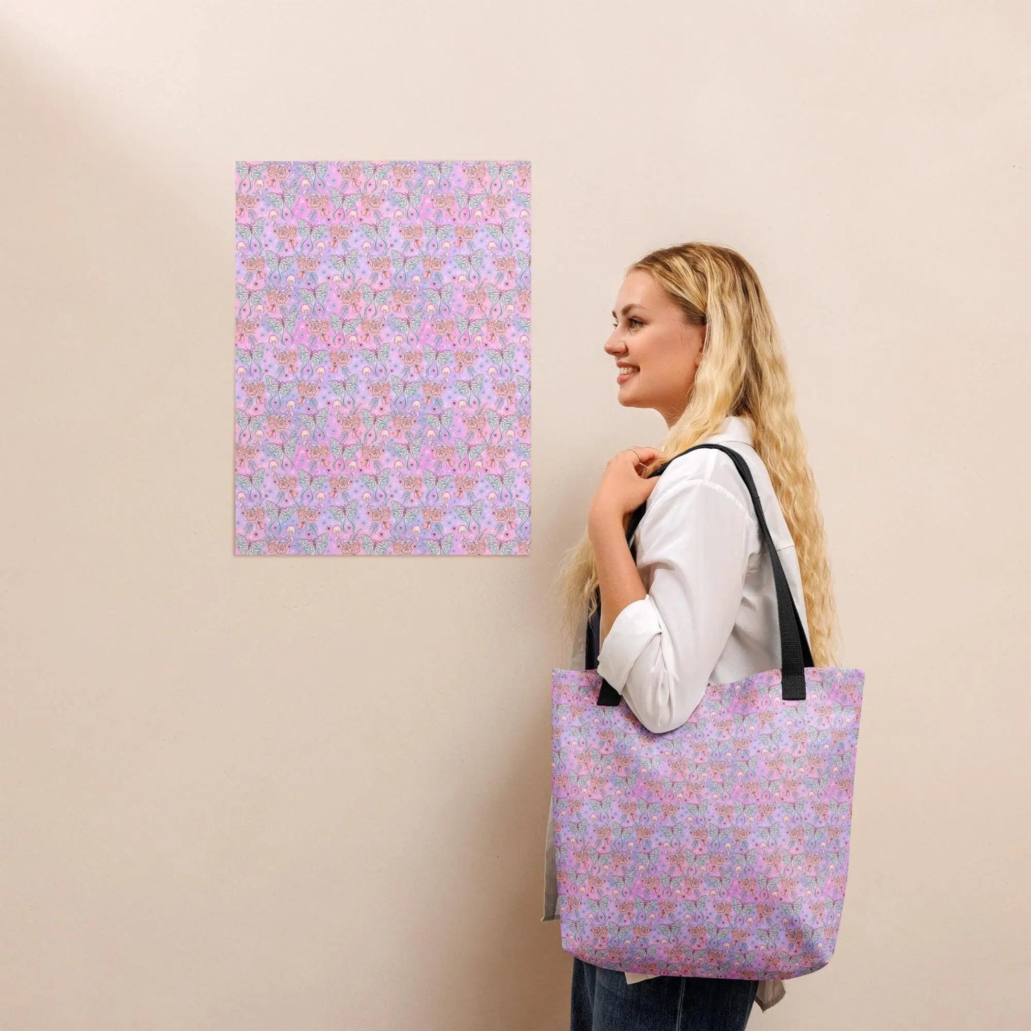Celestial neon colored Tote all purpose travel school work fashionable mystical print pattern butterfly design stylish bag The Aurora Touch