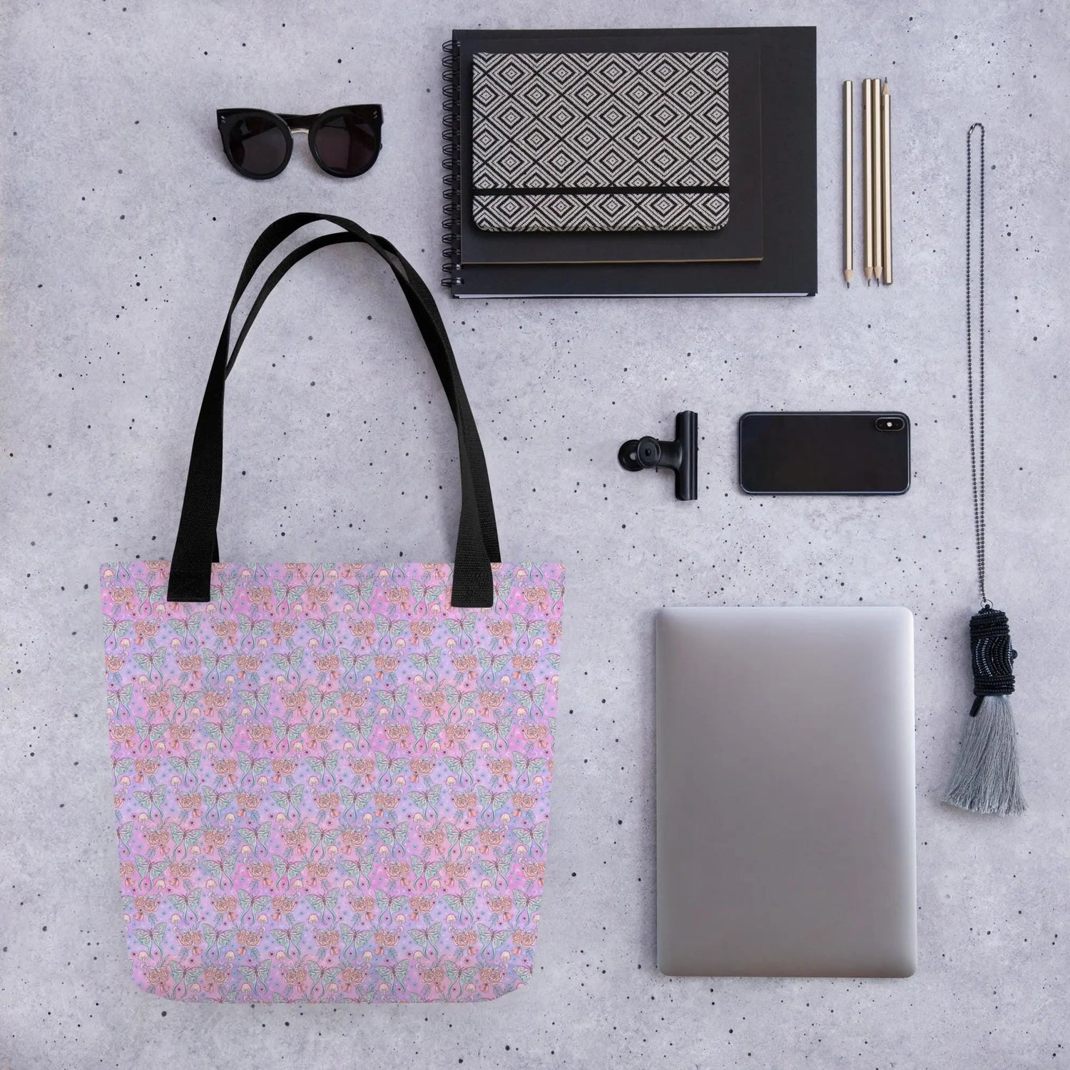 Celestial neon colored Tote all purpose travel school work fashionable mystical print pattern butterfly design stylish bag The Aurora Touch