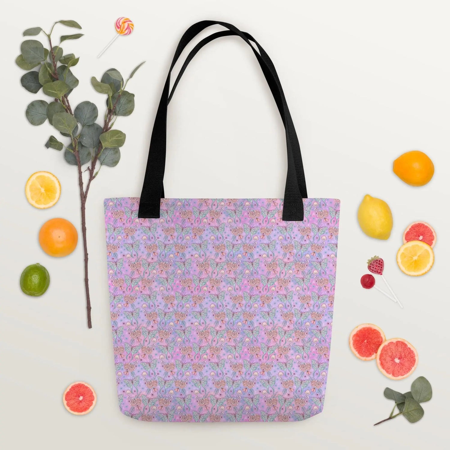 Celestial neon colored Tote all purpose travel school work fashionable mystical print pattern butterfly design stylish bag The Aurora Touch