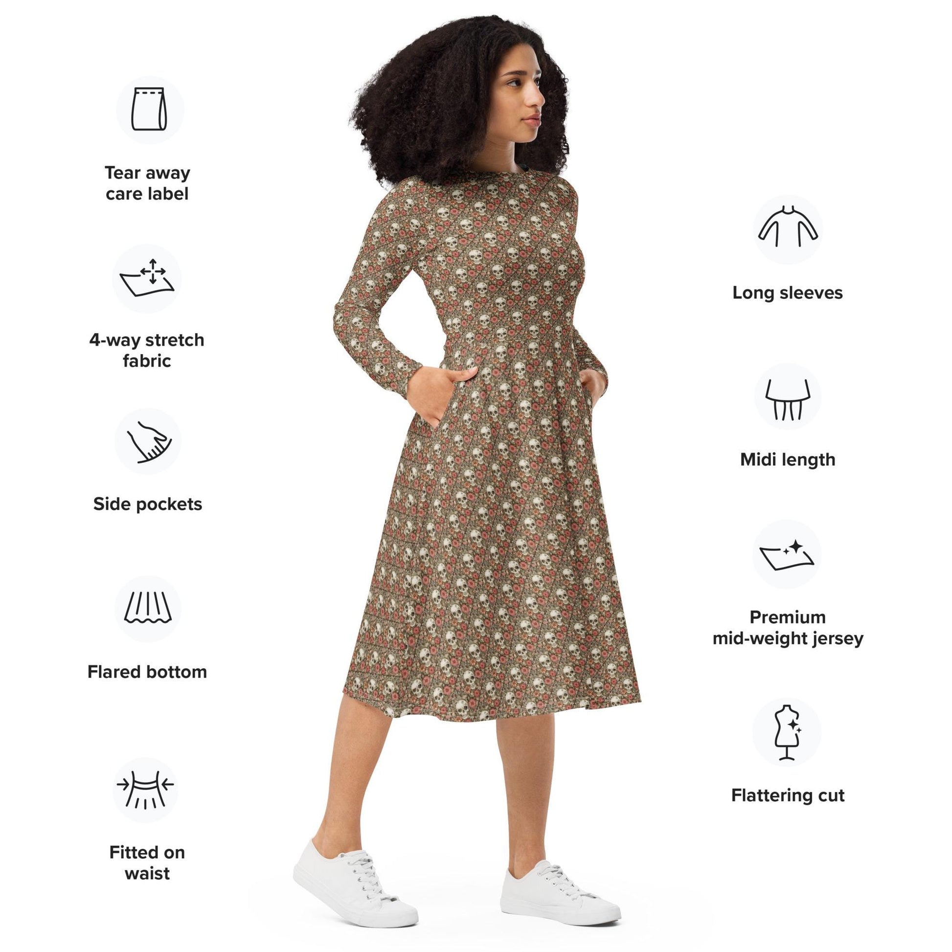 All-over print long sleeve midi dress, Sugar skull pink hue floral print pattern stylish designer versatile any occassion fitted flare wear
