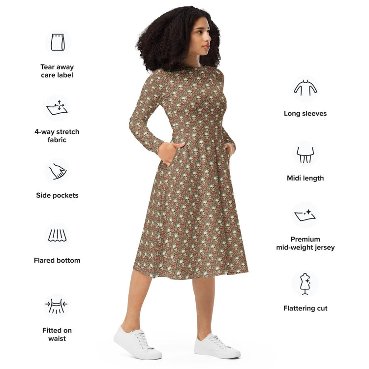 All-over print long sleeve midi dress, Sugar skull pink hue floral print pattern stylish designer versatile any occassion fitted flare wear