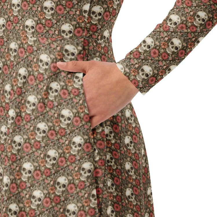 All-over print long sleeve midi dress, Sugar skull pink hue floral print pattern stylish designer versatile any occassion fitted flare wear